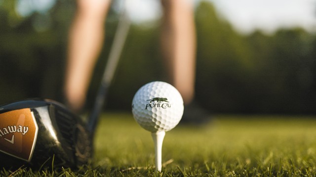 Golf ball on tee near putter